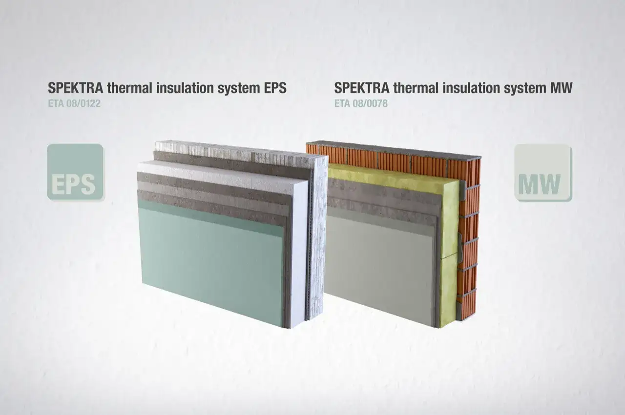 Sezioni di sistemi di isolamento termico SPEKTRA EPS e MW, mostrando strati di materiale isolante calore per un'efficace coibentazione.