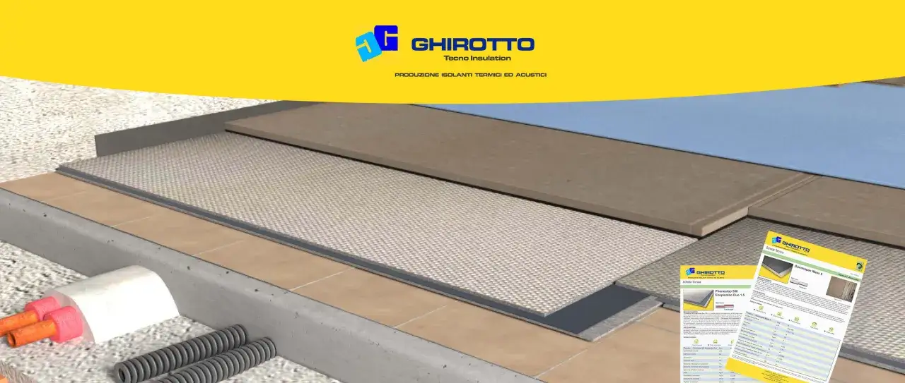 Strati di isolamento per come insonorizzare il pavimento, con dettagli tecnici e schede prodotto Ghirrotto.