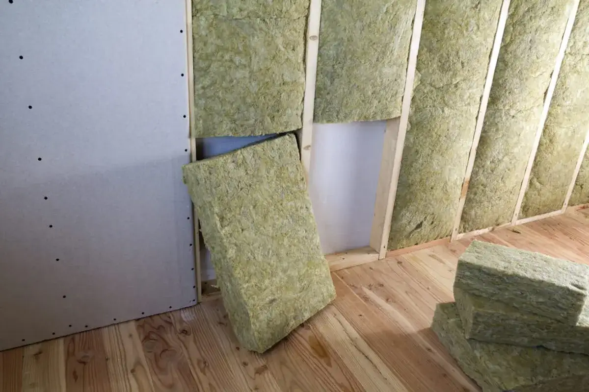 Isolamento di una parete con pannelli di lana di roccia, un cappotto interno o esterno per migliorare l'efficienza energetica.
