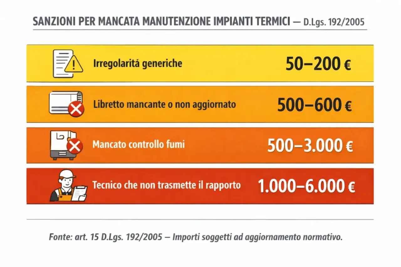 Sanzioni per mancata manutenzione caldaia: libretto mancante o controllo fumi non effettuato comportano multe salate.