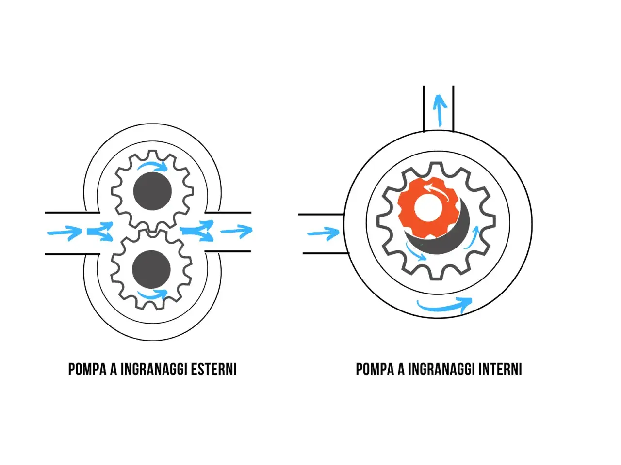 Illustrazione di come funziona una pompa idraulica con ingranaggi esterni e interni, mostrando il flusso del fluido.