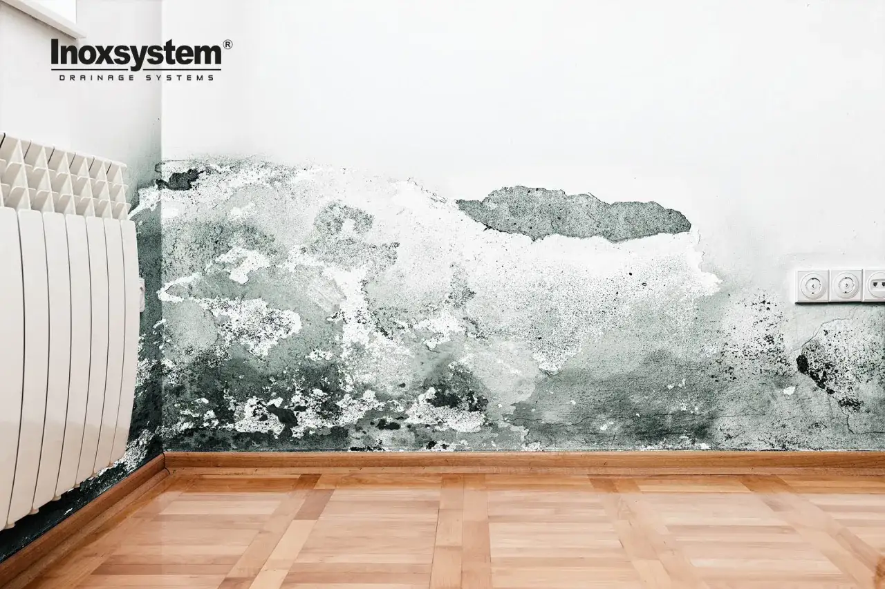 Muro con estesa muffa grigia e intonaco scrostato, vicino a un termosifone bianco e prese elettriche.