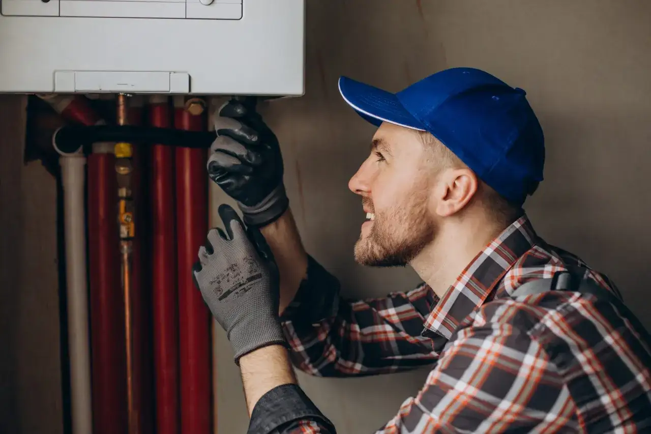 Tecnico con guanti controlla la caldaia. Un defangatore caldaia a cosa serve? A rimuovere impurità e fanghi dal circuito, garantendo efficienza e durata.