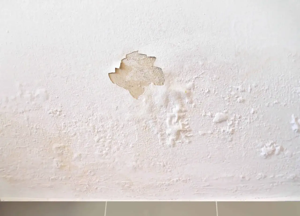 Macchie giallastre e intonaco scrostato sul soffitto: segnali per come riconoscere le infiltrazioni d'acqua.