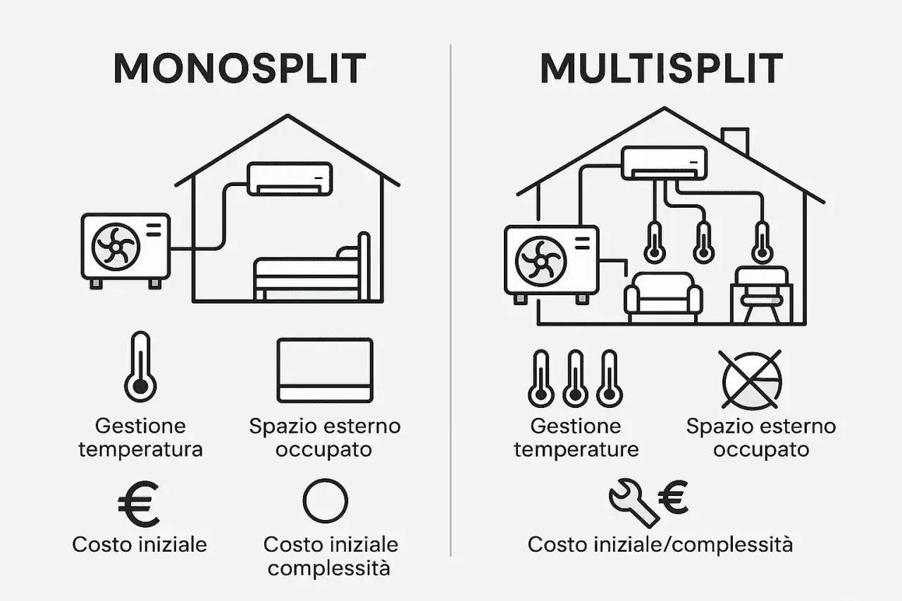 Confronto tra monosplit e multisplit: un'unità esterna per una stanza (monosplit) vs. un'unità esterna per più stanze (multisplit), con differenze di costo e complessità.