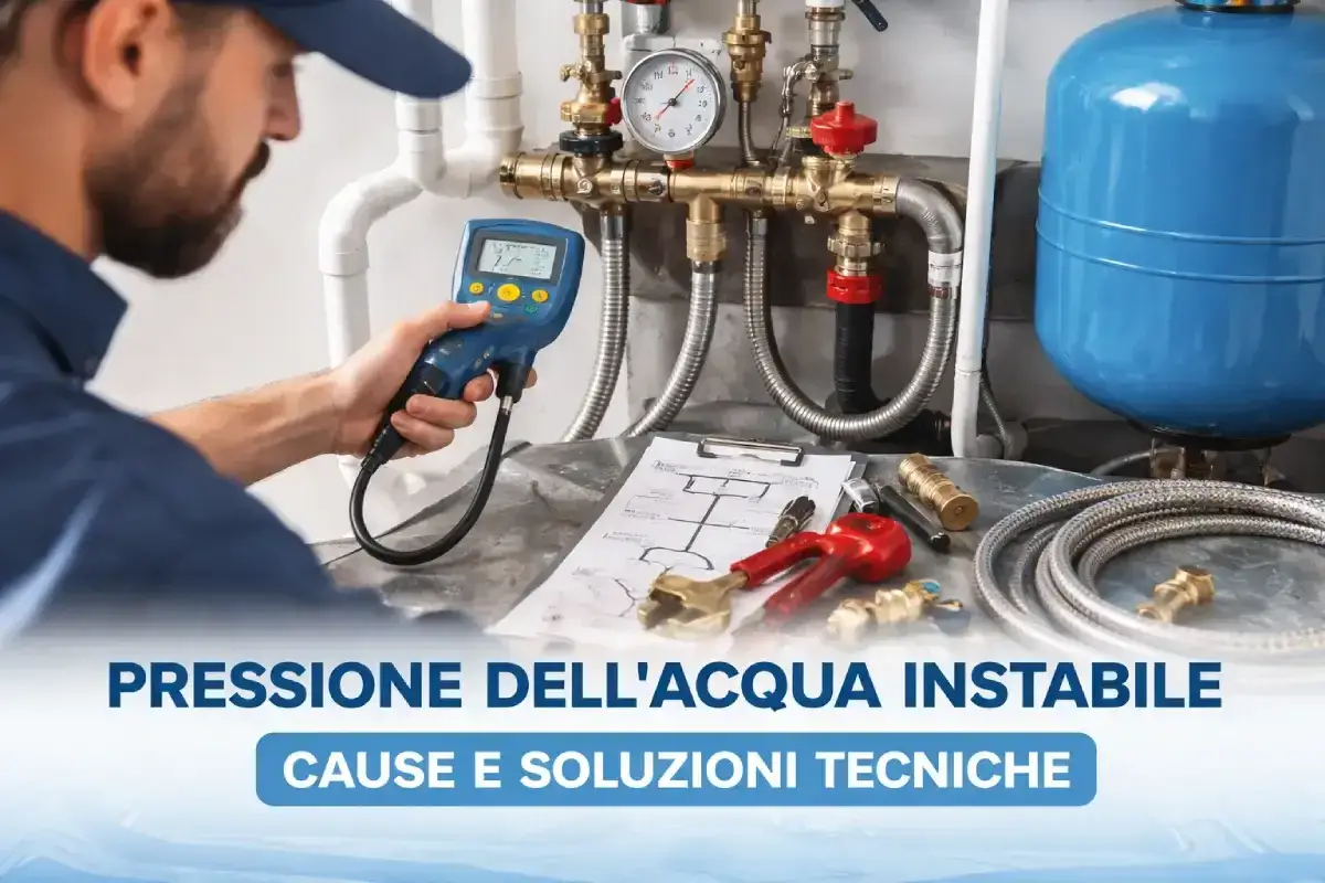 Idraulico controlla la pressione dell'acqua con uno strumento digitale. Tubature, manometro e schema tecnico indicano problemi di acqua che abbassa la pressione.