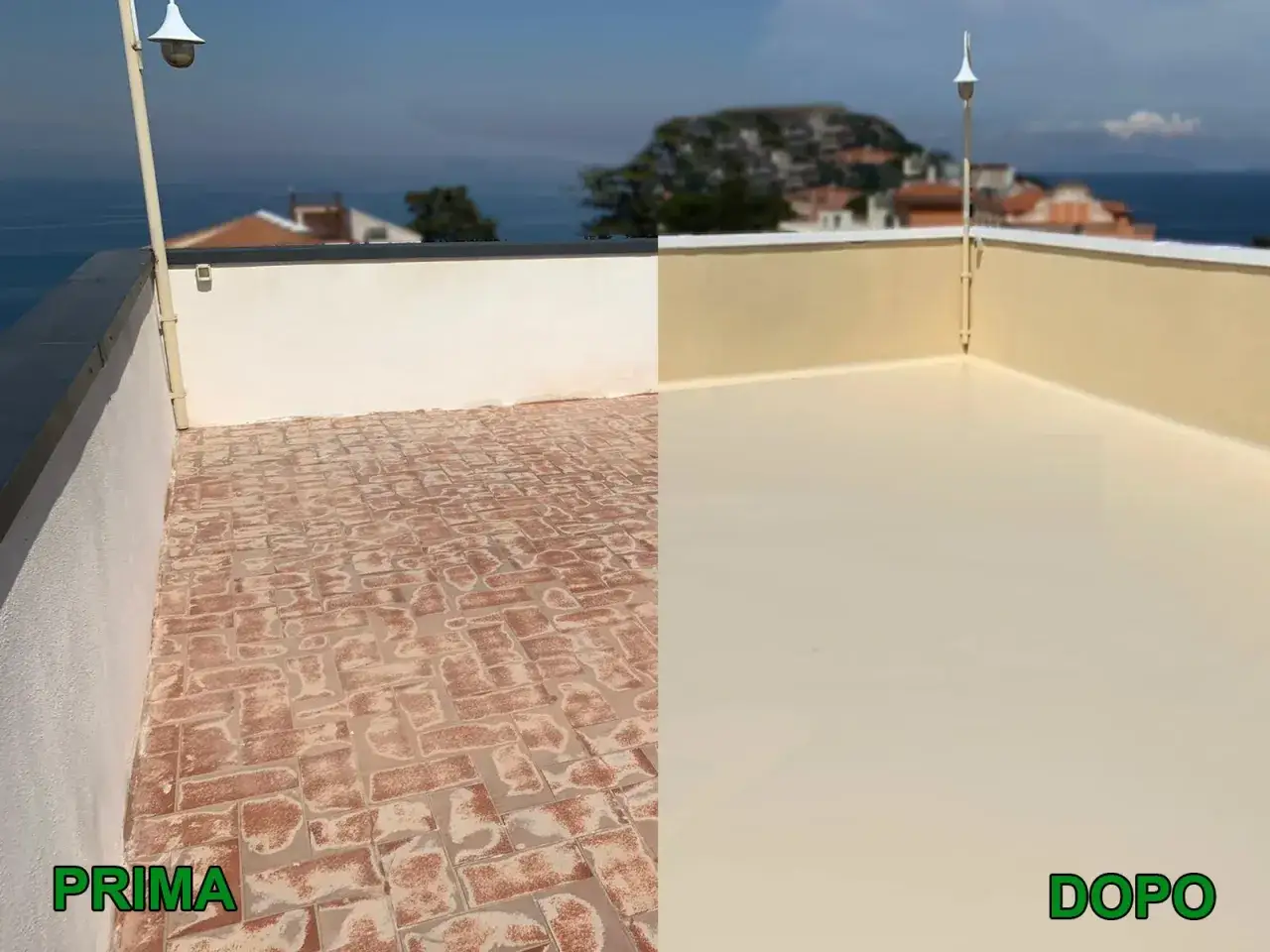 Prima e dopo: il terrazzo con vecchie mattonelle &egrave; stato trasformato con una nuova impermeabilizzazione, creando una superficie liscia e moderna.