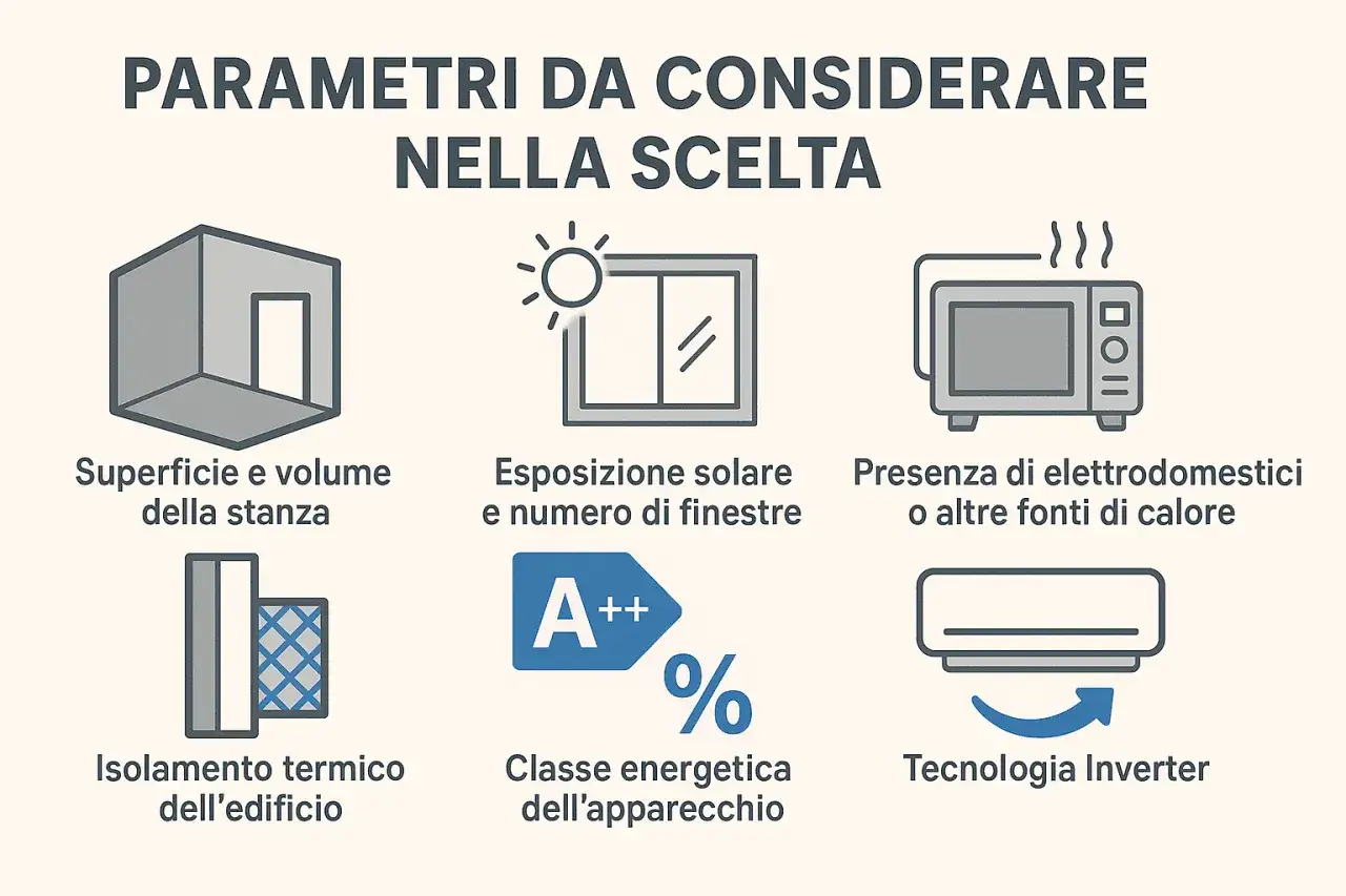 Parametri per scegliere il condizionatore: superficie stanza, esposizione solare, elettrodomestici, isolamento, classe energetica e tecnologia Inverter per ottimizzare la potenza.