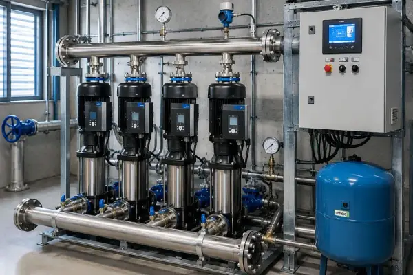 Un impianto di pressurizzazione con quattro pompe in linea, un pannello di controllo digitale e un serbatoio blu Reflex.