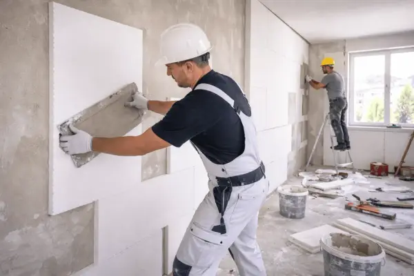 Operai applicano pannelli isolanti su un muro, creando un cappotto interno o esterno per migliorare l'efficienza energetica.