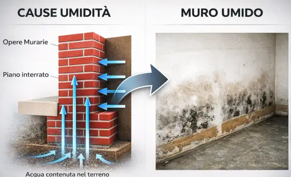 Illustrazione delle cause dell'umidità di risalita: acqua nel terreno che sale attraverso le murature, creando un muro umido con muffa.