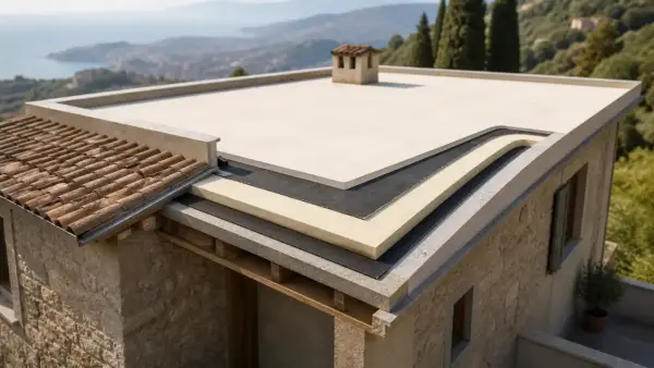 Dettaglio costruttivo di un tetto piano con strati isolanti. Scopri quanto costa isolare un tetto per un comfort ottimale.