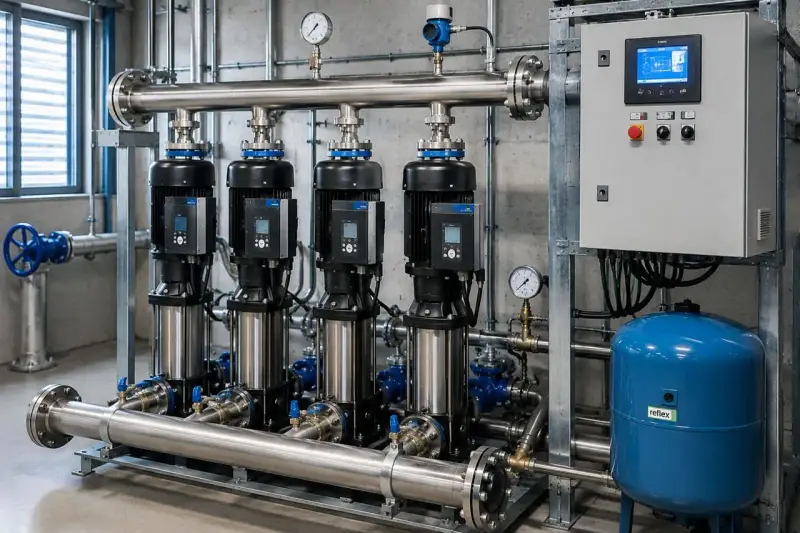 Un impianto di pressurizzazione con quattro pompe in linea, un pannello di controllo digitale e un serbatoio blu Reflex.