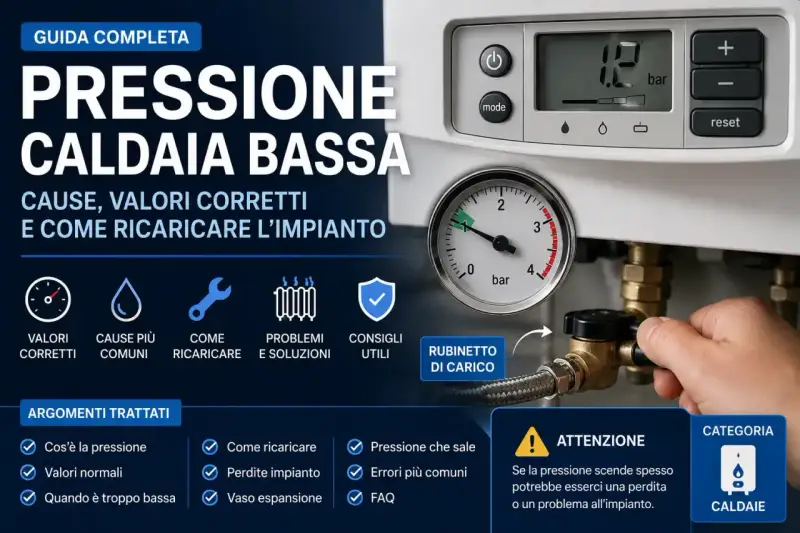 Guida completa: pressione caldaia bassa. Cause, valori corretti e come ricaricare l'impianto. Attenzione: se la pressione scende spesso, potrebbe esserci una perdita.